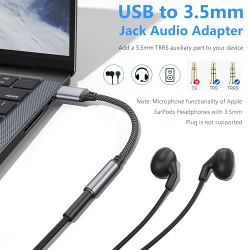 3 Pack USB to 3.5mm Audio Jack Adapter, USB A to 3.5mm TRRS 4-Pole Female External Sound Card Converter for Headphones/Laptop/Mac/Desktops/Linux/PS4/PS5/PC and More Devices (Black)