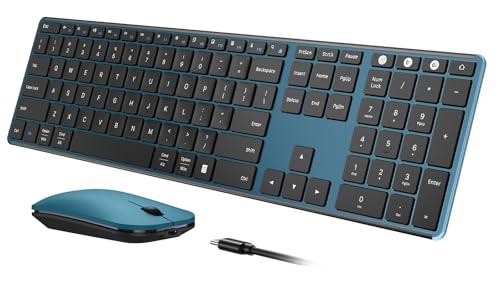seenda SKM64-3 Wireless Bluetooth Keyboard Mouse Combo for Windows and Mac | USB and dual Bluetooth multi-device switching, quiet, rechargeable, full-size slim set for PC, MacBook, iPad, Black Blue - color: Black Blue