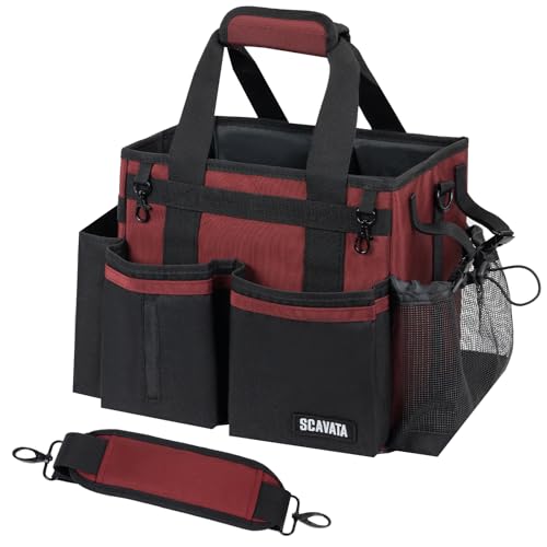 SCAVATA Compact Wearable Cleaning Caddy with Handle & Shoulder Straps | Small Cleaning Supplies Organizer, Under Sink & Car Cleaning Tools Storage Bag for Housekeepers Cleaners, AncoraRed - color: AncoraRed