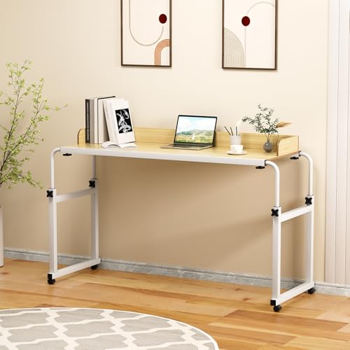 Adjustable Height Overbed Table, Rolling Overbed Bedside Desk with Raised Baffle and Spacious Desktop, Over BedTable with Wheels for Home Office Bedroom Hospital Use (Wooden Color1) - color: Wooden Color1