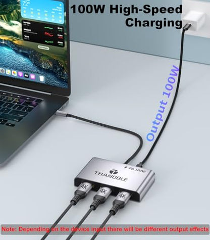 USB C to 3 HDMI Adapter with 100W PD Charging, Triple 4K60Hz Monitor Extender for Dell/Surface Pro/HP, HDMI Splitter Extended Display Hub, Plug & Play Laptop Multi-Screen Adapter
