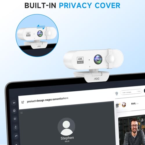 AOC 4K Webcam for PC, Streaming Camera with Noise-Canceling Mic, White | 90° FOV, Privacy Cover, Plug & Play, Zoom/Skype/FaceTime Compatible, Works with Mac/Laptop/Switch 2, USB C-A Adapter Included - color: white