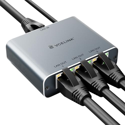 VCELINK Gigabit Ethernet Splitter 1 to 3, 1000Mbps 3-Port Ethernet Switch | 1000Mbps Ethernet Switch, USB Power Cable Included, Supports 3 Devices at Once, Compatible with Cat7/Cat6/Cat5