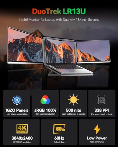 Intehill 4K Laptop Screen Extender, 13.4" Dual Screen Monitor for Laptop, 3840x2400 Anti-Glare Portable IGZO Display, 100% sRGB 500 Nits Brightness Foldable Plug-Play Portable Travel Monitor, LR13U | 3840x2400 Dual Screen Monitor for Laptop, 100% sRGB 500