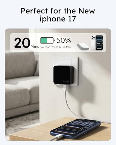 Nekmit Dual USB C Wall Charger, 50W PD PPS Fast USB Charger Block with 2 USB-C Ports, Flat USB C Wall Plug Adapter with Fixed Prongs for iPhone 17/16, MacBook Air, iPad and More (Black) - color: Black