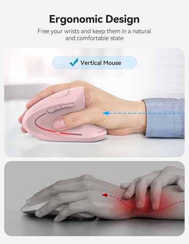 TECKNET Ergonomic Mouse, Rechargeable 2.4G+Bluetooth Vertical Mice 6 DPI Adjustable, Wireless Optical Carpal Tunnel Mouse Right Hand, Multi Device for Laptop, PC, Computer, MacBook, iPad - Pink - color: Pink