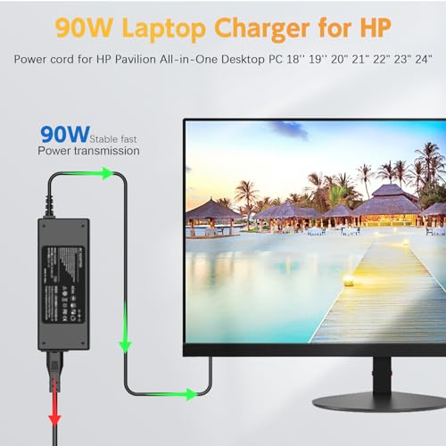 90W Power Cord Compatible with HP All-in-One Desktop PC 18'' 19'' 20" 21" 22" 23" 24" 27", 18-5110, 19-2304, 20-B010, 21-B0024, 22-B016, 24-DD, 24-DF, 24-DP, 24-CB, 22-DD, 22DF Series Power Adapter | 90W 19V 4.74A charger, 7.4x5.0mm tip. Compatible with H