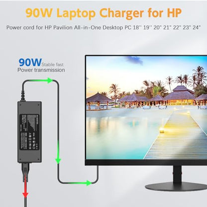 90W Power Cord Compatible with HP All-in-One Desktop PC 18'' 19'' 20" 21" 22" 23" 24" 27", 18-5110, 19-2304, 20-B010, 21-B0024, 22-B016, 24-DD, 24-DF, 24-DP, 24-CB, 22-DD, 22DF Series Power Adapter | 90W 19V 4.74A charger, 7.4x5.0mm tip. Compatible with H