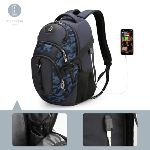 Swissdigital Design Laptop Backpack with USB Charging Port, Travel Backpack Fits 15.6 inches Computer, 31L College School Backpack for Men, Blue Camo | SD803-92 - color: Blue Camo