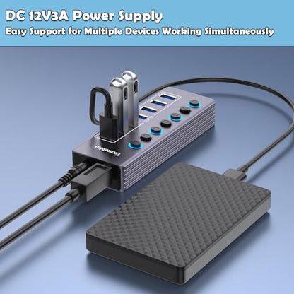 Powered 7-Port USB 3.0 Hub, USB C to 7 Ports USB Data Hub Splitter with Individual LED On/Off Switche, 3.3FT Cable, 12V/3A Power Adapter, for Laptop MacBook Pro/Air PC (Aluminum Gary)