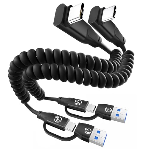 90 Degree USB C Coiled Cable 1FT 2Pack, 20Gbps USBC 3.2 Gen 2 Data Cable | 4K Video Output, Short Type C Car Charger Cord for Android Auto/ CarPlay, 100W Charging for iPhone 17/16/15, Galaxy S26 S25 - color: Black 90°