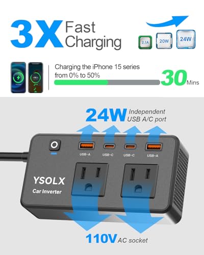 300W Portable Charger Car Power Inverters for Vehicle | 24W USB A/C,Dual 12V-110V AC Car Plug Adapter Outlet,Cigarette Lighter Adapter for Laptop/Camping/Road trip essentials - color: Black