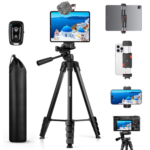 MACTREM iPhone iPad Tripod Stand, 67" Phone Tripod for iPad Tablet Camera with 2 in1 Holder Remote Carry Bag, Aluminum Extendable iPhone Stand for Video Recording/Selfies/Live Stream/Vlogging - color: Black