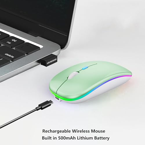 WREANU Wireless Bluetooth Mouse Rechargeable Laptop Mice with LED Lights Silent Slim Use(BT5.2 and 2.4G Portable USB Receiver)Dual Mode Computer Mouse for Laptop/iPad/Tablet/Apple/Computer/Mac(Green) - color: Green Wireless Bluetooth Mouse