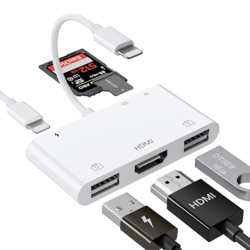 Lightning to HDMI Adapter with USB Camera and Charging Port, SD Card Reader for iPhone, 6 in 1 Camera Adapter to iPhone, Supports MIDI Keyboard, Mouse, HD TV/Projector/Monitor, Plug & Play