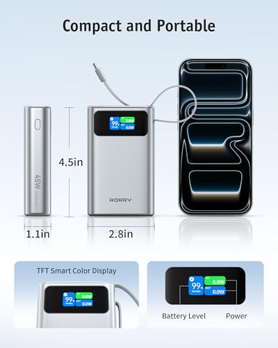 RORRY 45W Portable Charger, 20000mAh Power Bank, iPhone Battery Pack | Fast Charging, Extended Built-in USB C Cable, Smart Display, For iPhone 17/16/15, Galaxy, Pixel, iPad, Travel Essential - color: Dark Gray