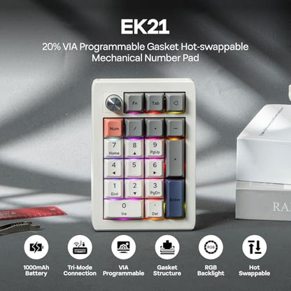 EPOMAKER EK21 VIA Gasket Number Pad w/ 1000mAh Battery, BT 5.0/2.4GHz/Wired | Hot-Swap Numpad with Aluminum Alloy knob, Programmable for Win/Mac/Gaming (Retro White, Zebra Switch) - color: Retro White, size: Zebra Switch