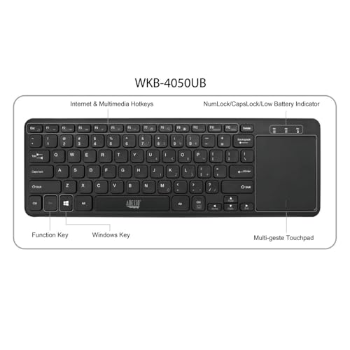 Adesso WKB-4050UB Wireless Keyboard with Built-in Touchpad, 24GHz RF Technology, Ultra-Slim Scissor Switch Keys, 30ft Range, USB Wireless Receiver