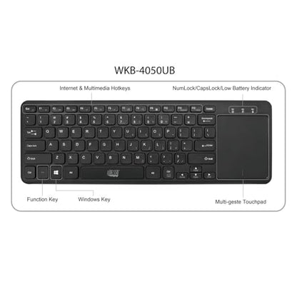 Adesso WKB-4050UB Wireless Keyboard with Built-in Touchpad, 24GHz RF Technology, Ultra-Slim Scissor Switch Keys, 30ft Range, USB Wireless Receiver