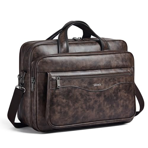 Shrrie Leather Laptop Bag Fits 17 to 17.3 Inch for Men and Women,Vintage Business Briefcase Laptop Messenger Work,Travel - color: Coffee