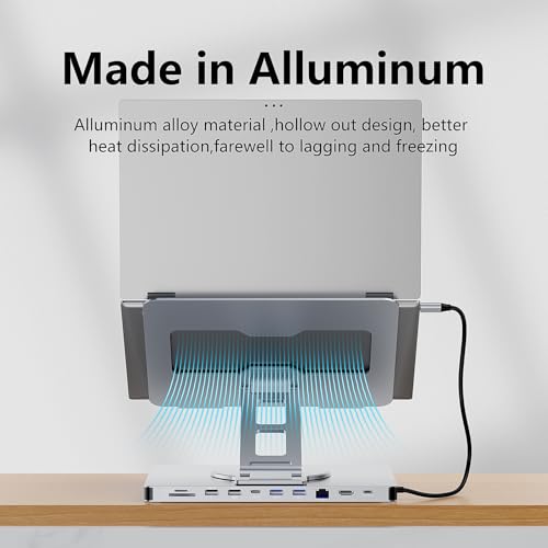 10 in 1 Laptop Docking Station Stand for MacBook Pro/Air/Surface/Dell/HP/Lenovo, Mac Type-C Hub with 4K HDMI, USB 3.0, SD/TF Card, RJ45, PD 3.0, USB C Laptop Stand Hub with 360 Rotating Base (ST109A)