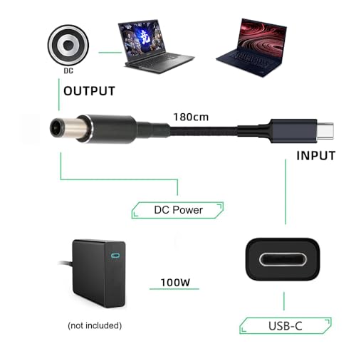 USB-C 100W 20V Input to DC 7.4 * 5.0mm PD Power 65W Output Charge Cable Support QC PD Type-C Compatible with HP-Laptop (1.8m) - style: 7.4x5.0mm HP
