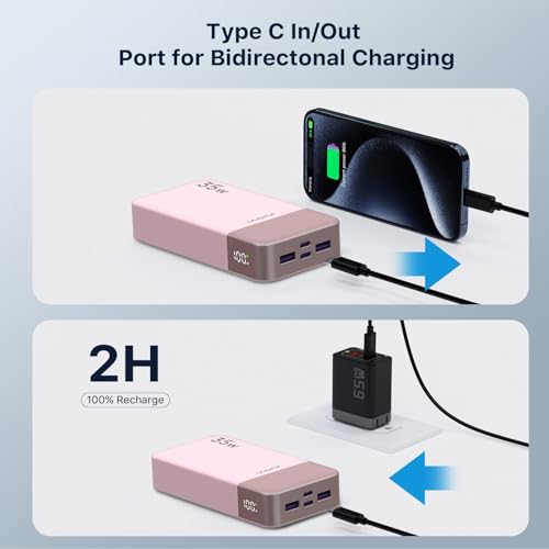 JUOVI J2651 Portable Charger, 35W 20000mAh USB C in & Out Power Bank, Battery Pack with QC4.0+PD3.0 35W High-Speed Charging for Bluetooth Earbud, Mobile Phone, Tablet (Pink) - color: Pink