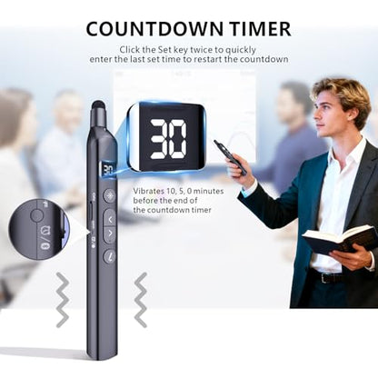 N21 Bluetooth Presentation Clicker for PowerPoint with Retractable Pointer | ①Red laser ②Telescopic touch pen ③Countdown timer, vibration alert ④Customizable Button ⑤Rechargeable;battery level display - color: Black - Red Pointer