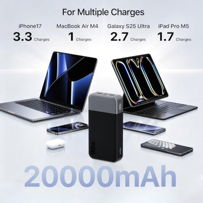 NOBIS Portable Charger 20000mAh 90W Laptop Power Bank | 2C+2A USB-C Fast Charging Battery Pack with LED Display for Laptops, Tablets, Steam Deck & Phones - color: Black