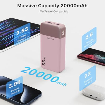 JUOVI J2651 Portable Charger, 35W 20000mAh USB C in & Out Power Bank, Battery Pack with QC4.0+PD3.0 35W High-Speed Charging for Bluetooth Earbud, Mobile Phone, Tablet (Pink) - color: Pink