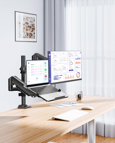 MOUNTUP Laptop and Monitor Desk Mount, Laptop Tray for Max 17" Notebook, Monitors Arm Fits up to 32" Monitor, Laptops Arm Holds 4.4-22lbs, 2-in-1 Tall Laptops Mount with Clamp/Grommet - size: Dual, style: With Pole