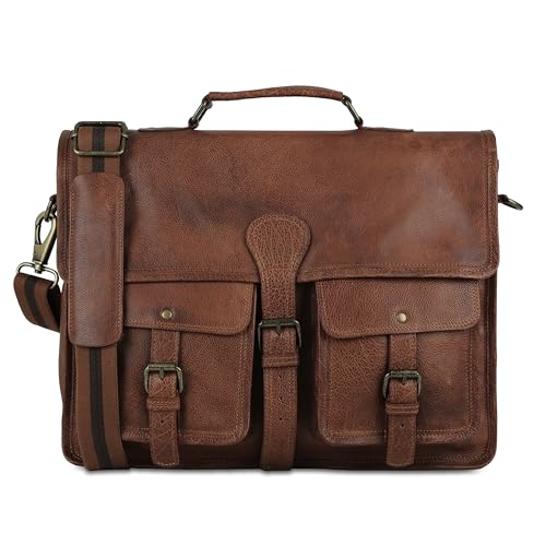 Leather briefcase 18 inch laptop messenger bag for men and women best satchel office bag - color: Tan, size: 18 inch