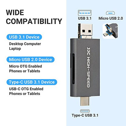JJC UHS-II SD MicroSD USB Card Reader, Transfer Speed up to 312MB/s, Gray | SD Card Adapter, 3-in-1 USB-A USB-C Micro USB Connection Port, Compatible with Computer, Laptop, OTG Enable Phone & Tablet - color: Gray