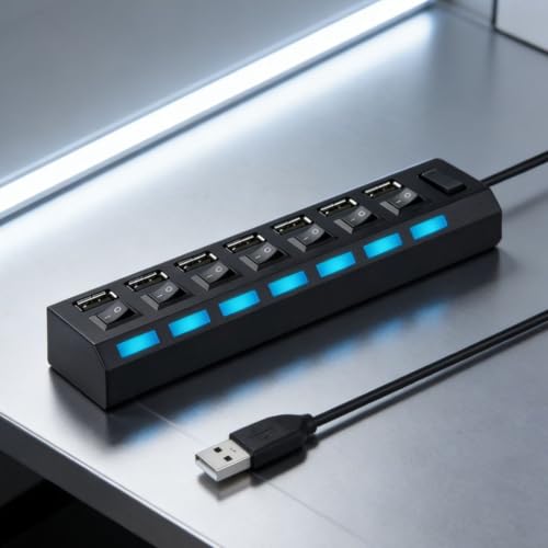 1-Pcs 7-Port USB Hub 3.0,USB Hub Splitter with Individual On/Off Switches and Lights Compatible with Laptop,PC,Flash Drive,Mobile HDD