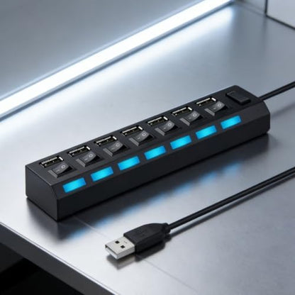 1-Pcs 7-Port USB Hub 3.0,USB Hub Splitter with Individual On/Off Switches and Lights Compatible with Laptop,PC,Flash Drive,Mobile HDD