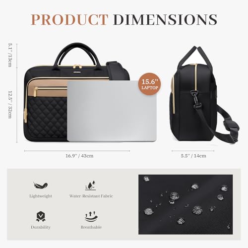 Laptop Bag for Women 15.6Inch Work Tote Computer Briefcase Waterproof Handbag Shoulder Teacher Office Crossbody Purse - color: Black