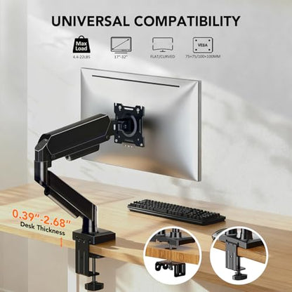 Single Monitor Mount, Gas Spring Arm for 17-32 inch Screens Adjustable Monitor Stand, Vesa Mount Stand with Clamp and Grommet Aluminum Base - Fits 4.4 to 22lbs LCD Computer Monitors HD09B-001 - size: Single monitor arm