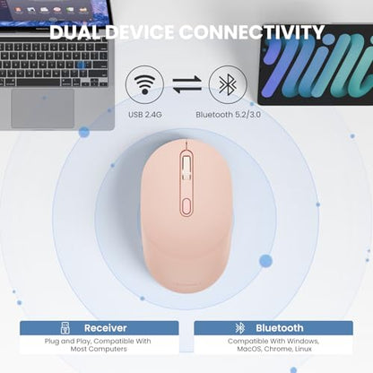 TECKNET 3-Device Portable Wireless Bluetooth Mouse for Laptop Pink | Silent Click, Ambidextrous Ergonomic Desigm, Adjustable 4800 DPI, Wide Compatibility for Laptop, PC, iPad, MacBook - color: Pink