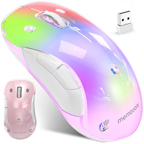 memzuoix 2.4G LED Wireless Mouse, Rechargeable Ergonomic Mouse with Detachable Cover, 1400 DPI Portable Optical Computer Mouse with USB Receiver for Laptop, PC, Desktop and MacBook, 5 Buttons-Pink - color: Pink