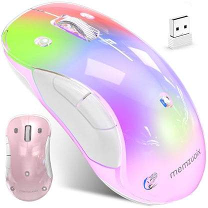 memzuoix 2.4G LED Wireless Mouse, Rechargeable Ergonomic Mouse with Detachable Cover, 1400 DPI Portable Optical Computer Mouse with USB Receiver for Laptop, PC, Desktop and MacBook, 5 Buttons-Pink - color: Pink
