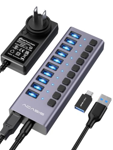 ACASIS Powered 10 Ports USB 3.2 Hub, 10Gbps Data Transfer, 48W Adapter | Individual On/Off Switch for Each Port • Aluminum Housing • Better Heat Dissipation • Plug & Play - size: 10 ports