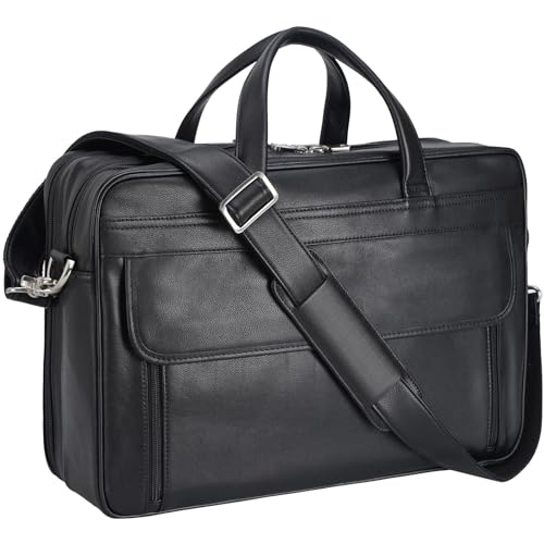 Masa Kawa Leather Briefcase for Men 15.6", 17" Laptop Computer Case Business Travel Work Messenger Cross Body Shoulder Bag - color: Black-fits 17" Laptop