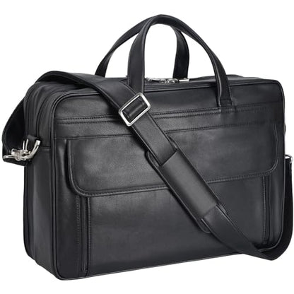 Masa Kawa Leather 15.6" & 17" Laptop Briefcase Men Business Messenger Bag | Full Grain Cowhide Business Travel Office Work Crossbody Shoulder Professional Attache Case for 2 Computers - color: Black-fits 17" Laptop