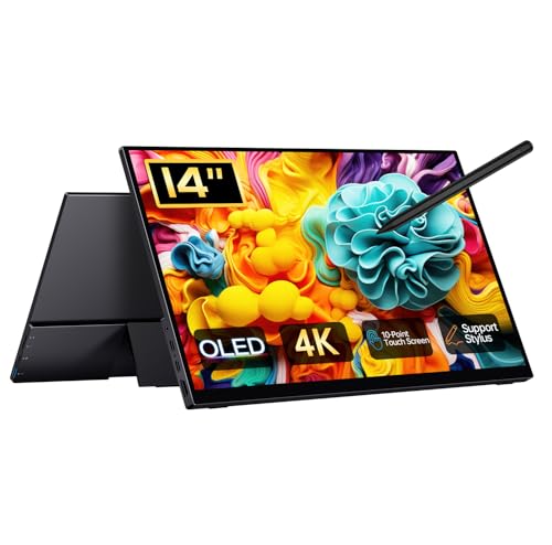 14" 4K Portable Monitor OLED, Touch Screen Monitor UHD 3840X2400p 100% DCI-P3 100000:1, USB-C HDMI Travel Monitor with Kickstand & Sleeve for Laptop Mac PC
