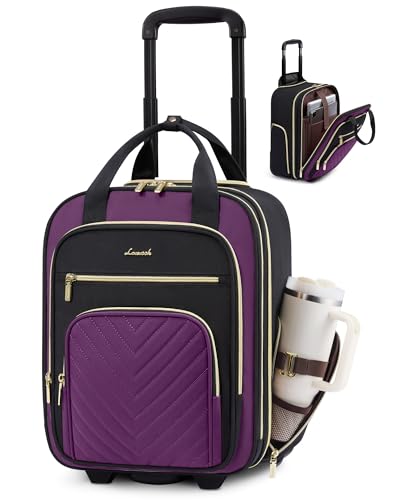 LOVEVOOK Underseat Carry On Luggage with Wheels and Giant Tumbler Holder Pocket, Soft Sided Under Seat Personal Item Suitcase for Travel, Business, Work - color: Black-Purple