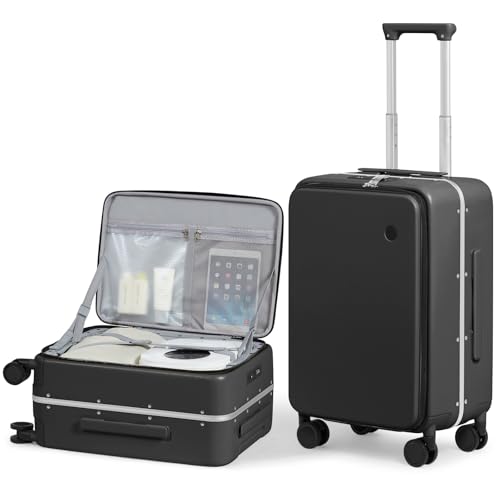 mixi 20 Inch Carry On Luggage 22x14x9 Airline Approved PC Hard Shell Suitcase Top Opening Aluminum Frame Travel Suitcases with Wheels, Blcak - color: Black, size: 20 Inch