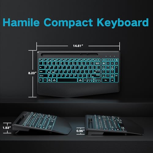 Hamile Wireless Backlit Keyboard with Wrist Rest, Black | 2.4G and Bluetooth keyboard with 8 backlight effects, slim rechargeable silent keys, holder, and Windows/Mac support - color: Black