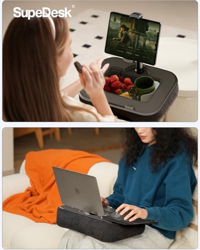 SupeDesk Laptop Lap Desk, Adjustable iPad Holder for Bed, 360° Swivel Tablet Arm, Laptop Desk with Mouse Pad, Snack Bowl & Cup Holder, Fits 4.7–13” Tablets & 15” Laptop (Black) - color: Black