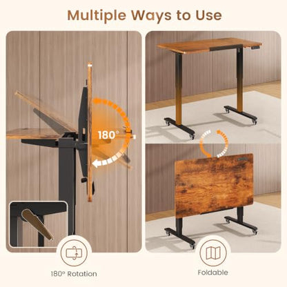 SEDETA 31.5 Inches Electric Standing Desk, 180° Tiltable Mobile Rising | Computer Desk Height Adjustable with Wheels for Drawing/Writing/Gaming/Study/Home Office/Small Space, Rustic Brown - color: Rustic Brown, size: 31.5 x 19.7 Inches