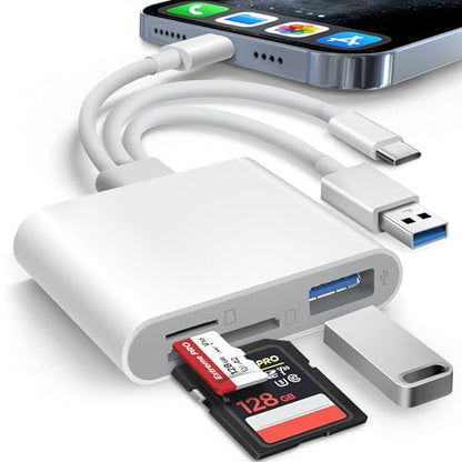 AkHolz SD Card Reader for iPhone iPad Mac Trail Game Camera Viewer Built-in 3-in-1 Connector (Lightening, USB-C and USB-A) with SD MicroSD USB-A 3 Slots, Portable No App Required Plug & Play - White - size: 3 in 1 built-in cords (Lightening&USB-C&USB-A)